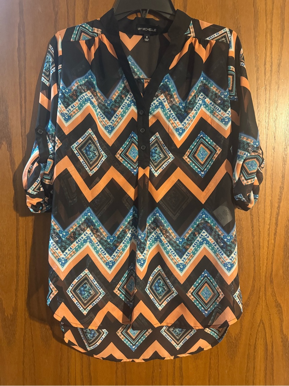 My Michelle Black Chevron Tunic with Peach & Teal Accents